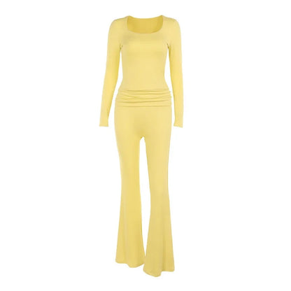 Solid Pleated Crop Top Flare Pants Leisure Suit Women Long Sleeved Tight Trousers